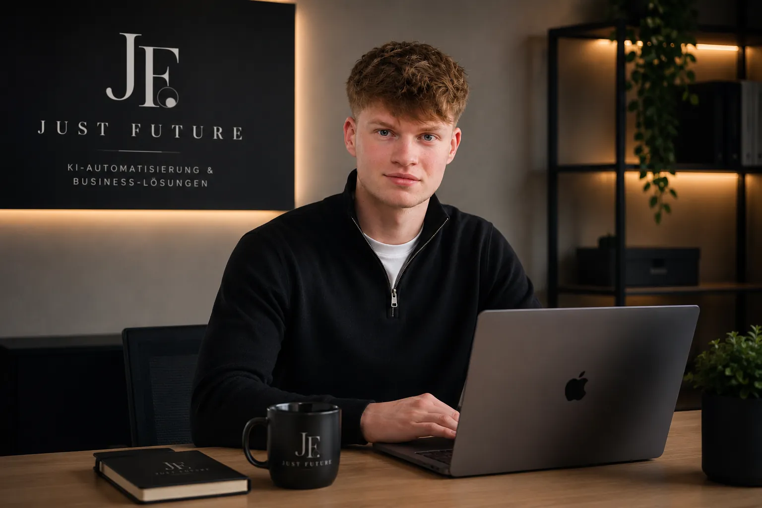 Julian Friedrichs am Schreibtisch mit Laptop, im Hintergrund das JF-Just-Future-Logo an der Wand
