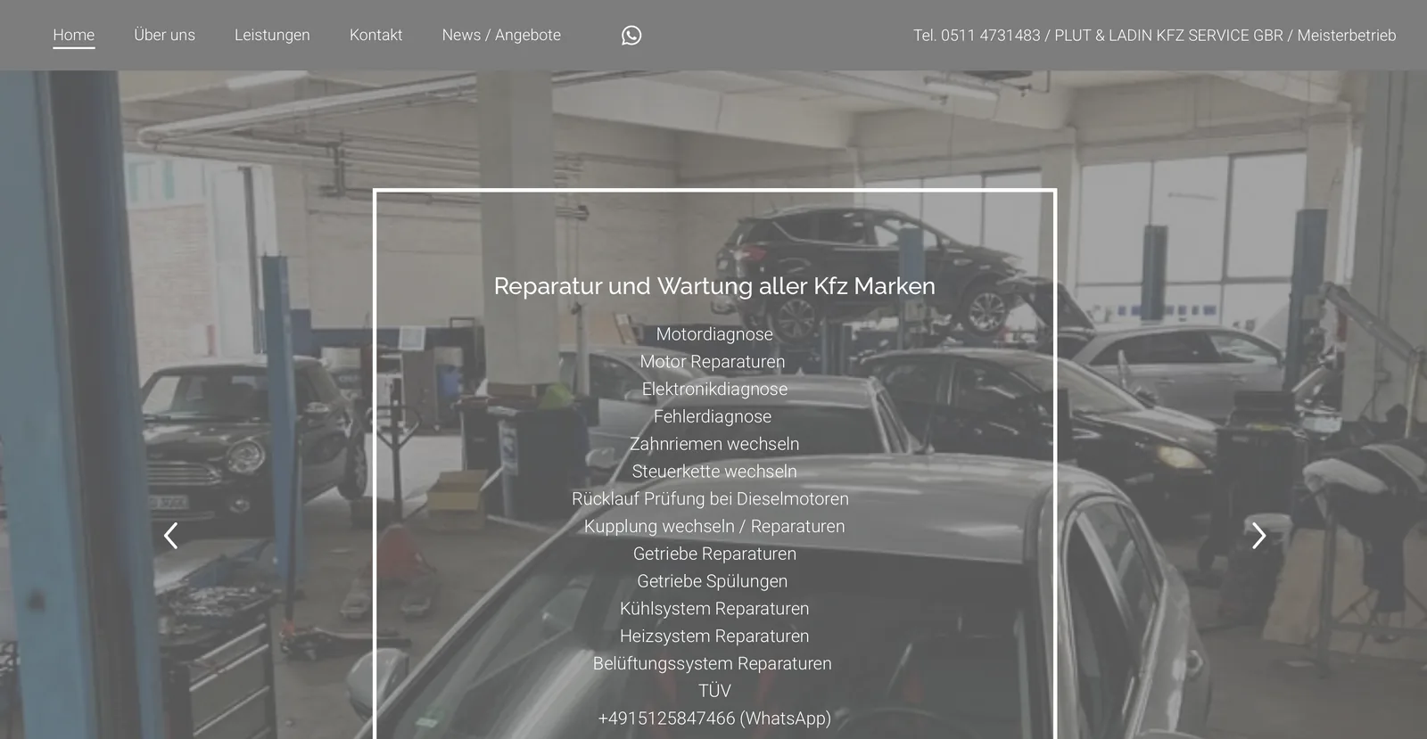 Alte Website der Kfz-Werkstatt: graue, unübersichtliche Startseite mit langer Textliste